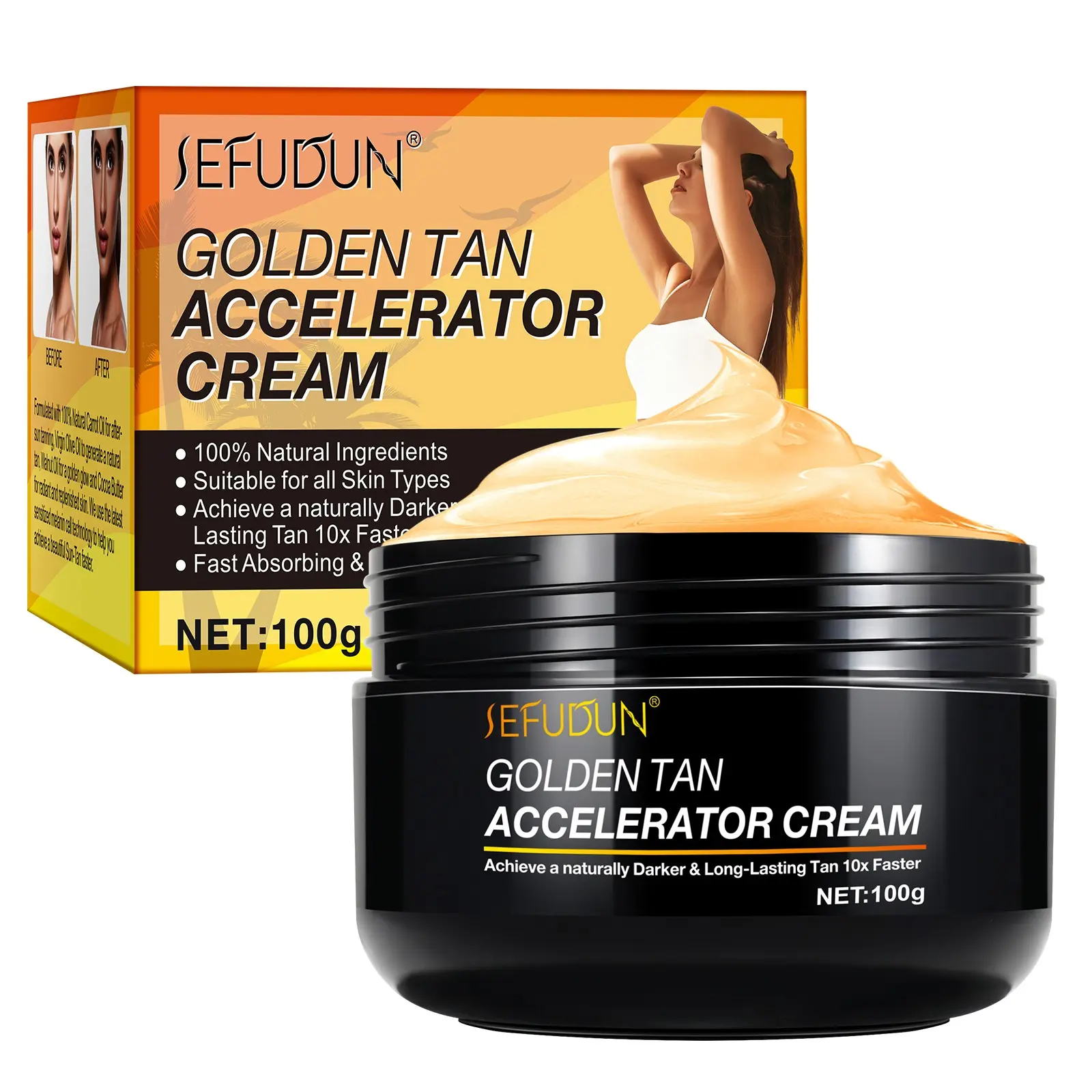 Sefudun Bronzing Gel 100g, Carrot Tanning Gel, Sunless Tan Body Lotion, Bronze Color, Summer Beach Helper, Unisex Bronzer, Body Bronzing Agent, Tanning Products