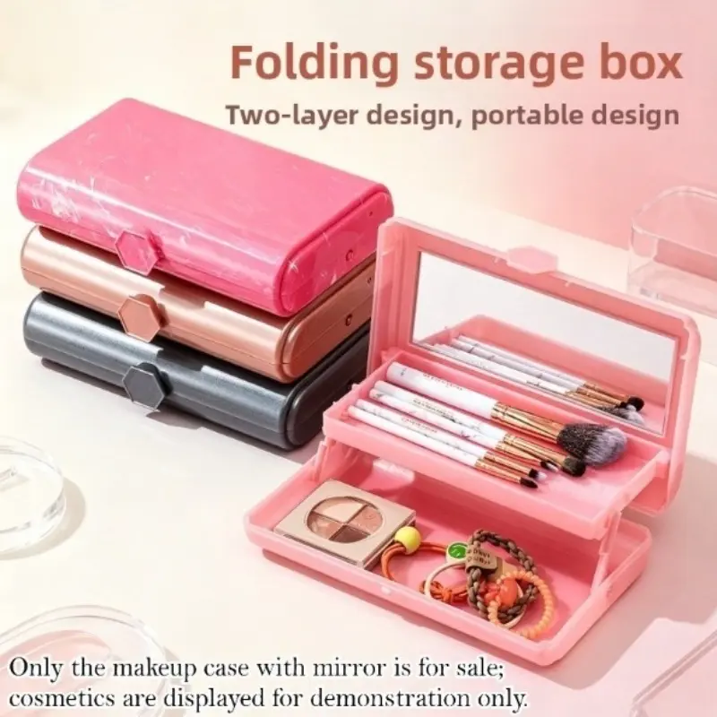 Portable Travel Makeup Case with Mirror, Double-Layer Compartment Storage Box for Makeup Brushes, Eyeshadows and Jewelry