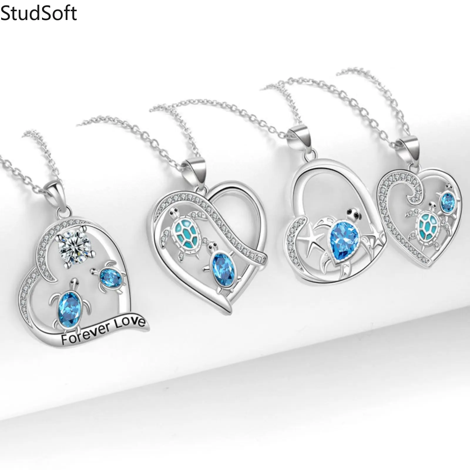 Silver Sea Turtle Necklace for Women Blue Cubic Zirconia Heart Pendant Forever Love Cute Starfish Choker Ocean Animal Jewelry Summer Vacation Gift