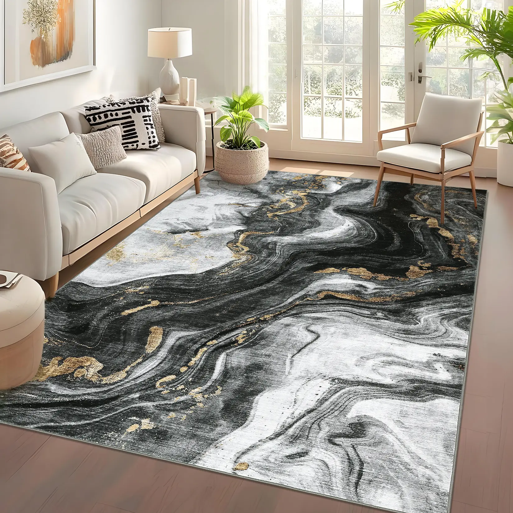 Washable Modern Abstract Area Rug for Living Room Bedroom, Contemporary Low Pile Ultra Thin Home Decor Rugs Soft Foldable Lightweight Floor Carpet for Dining Room Kitchen Office