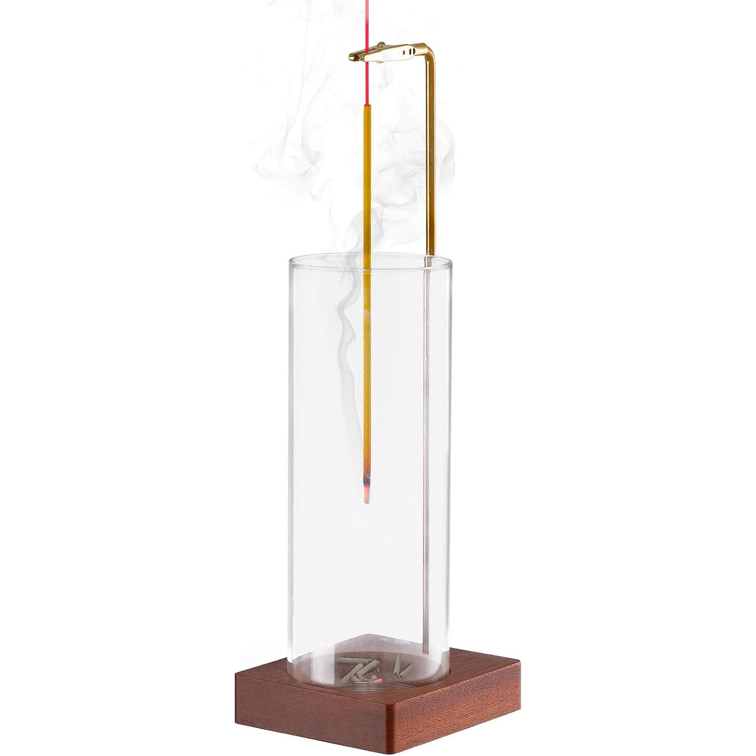 Clear Glass Incense Holder without Incense, Wooden Base, Home Fragrance Decor, Desktop Ash Catcher Incense Burner, Home Décor Aroma for Meditation, Yoga & Relaxation