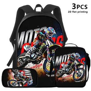 A series of outdoor sports-themed backpacks, pencil cases, and lunch boxes, 3-piece packs, are designed using 2D flat printing technology to present a vibrant and dynamic motocross racing scene, making them ideal for young users' daily commutes and outdoo