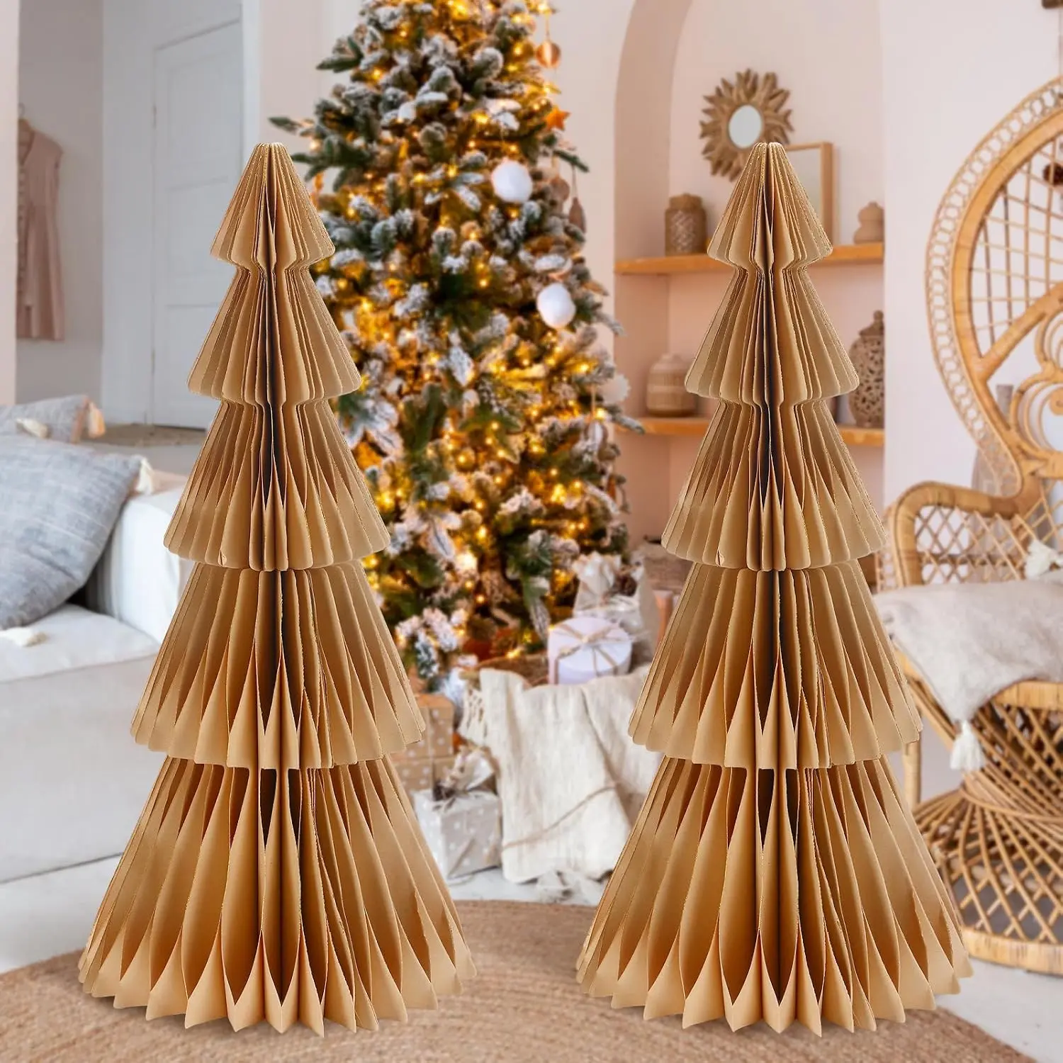 2 count 20 Inch Large Paper Christmas Trees Decorations  Khaki  Neutral Christmas Trees Glitter   Folding Xmas Paper Crafts for Xmas  Mantel Holiday Party Decorations