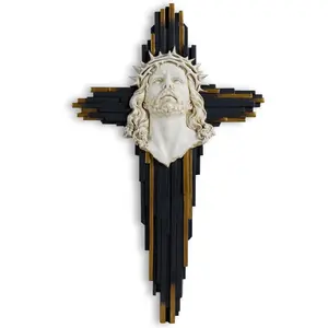 Jes Wall Cross Sculpture, 10 Inch Resin Relief Radiant Savior Wall Crucifix Decor, Handcrafted Black and White for Christian Home, Church, or Prayer Room Decoration (Black)