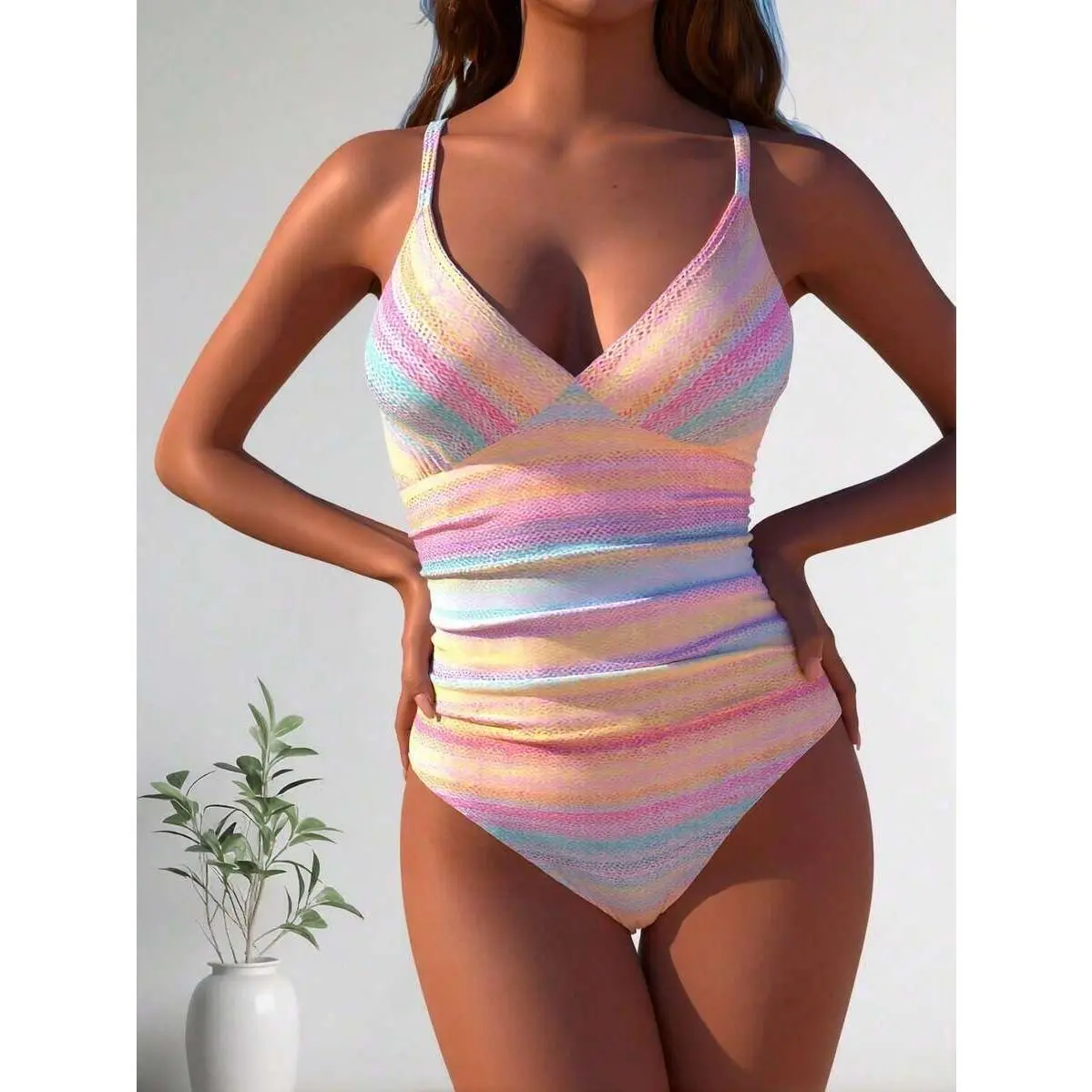 Pastel Rainbow Striped One-Piece Swimsuit, Wrap V-Neck & Tummy Control