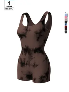U Neck Tie Dye Ribbed Workout Bodysuit, Seamless Tummy Control Butt Lifter, Sleeveless Yoga Romper, High Elastic Gym Jumpsuit