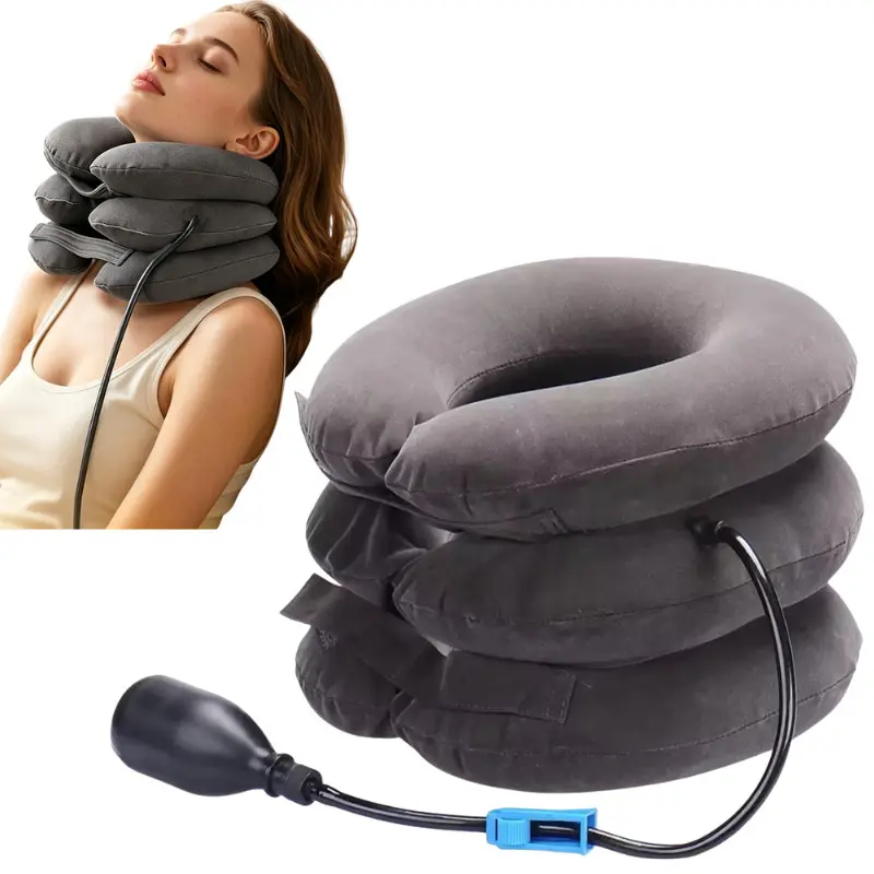 Portable Inflatable Neck Rest Cushion, 3 Layers Soft Neck Support Wrap with Air Inflator Pump, Adjustable Travel Neck Pillow, Lightweight Foldable Neck Pillow for Indoor Rest, Long Driving, Flight Journey, Daily Relaxing Time