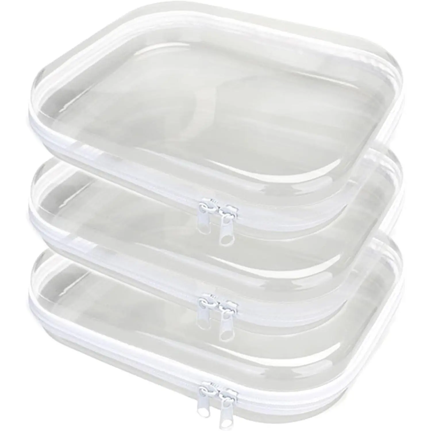 3PCS Clear Hard Plastic Zipper Case, Double Zippers Hard Pouch, Portable Travel Organizer Bin Clear Makeup Bag for Toy Storage, Snack Bag, Cosmetics, Diaper Bag, Toiletry Bag (3PCS-M)