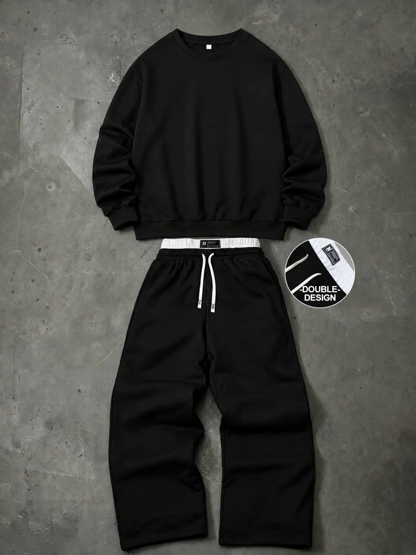 Loose Street‑Style Two‑Piece Set, Black Oversized Sweatshirt and Wide‑Leg Sweatpants, Unisex, Minimalist Print‑Free Design, Elastic Waist with White Drawstring, Loose, Soft and Warm Outfit Set, Urban Daily OOTD, Effortless Matching, Loungewear for Home an