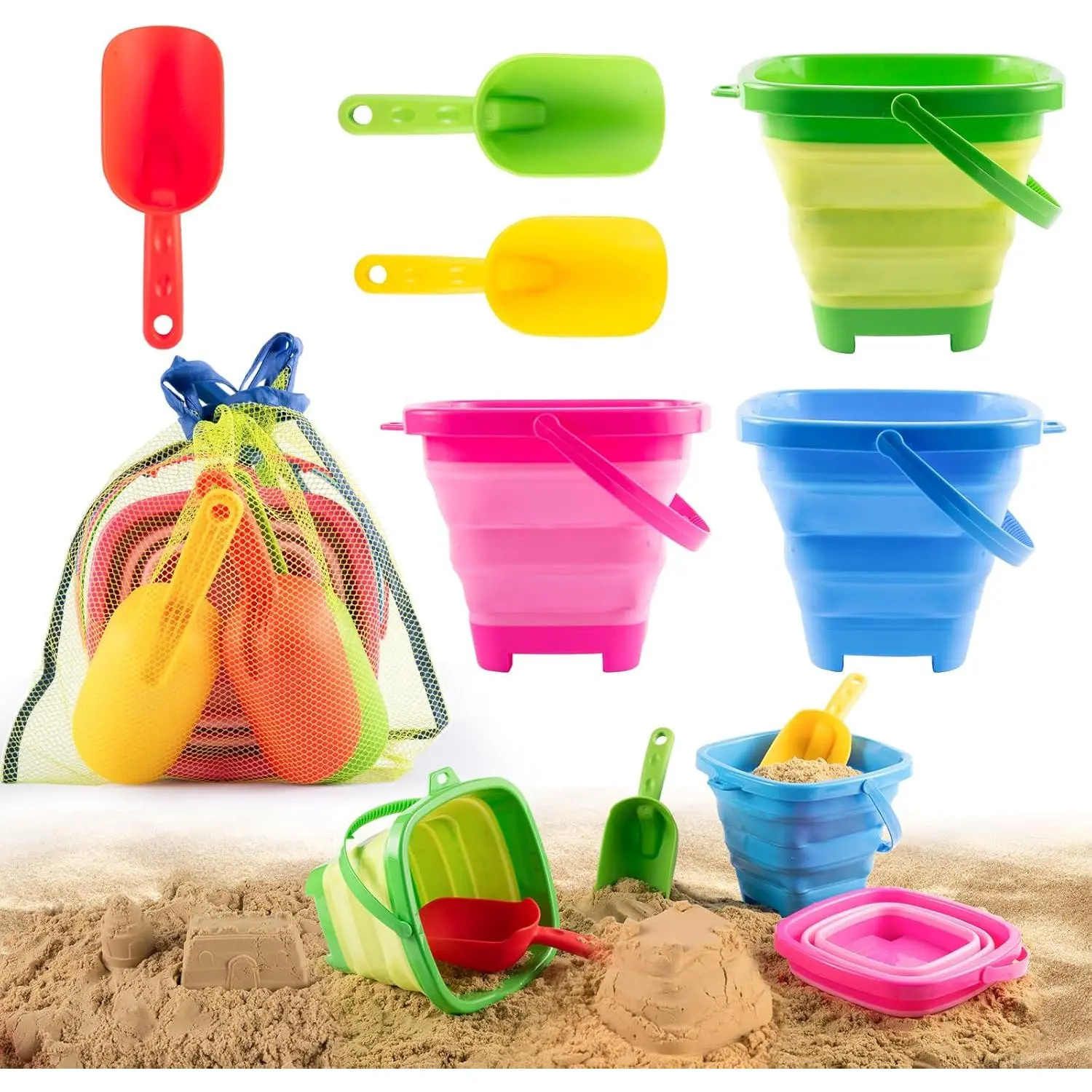Collapsible Beach Toys for Kids and Toddlers - 3 Pack Foldable Silicone Sand Buckets with 3 Shovels and Mesh Storage Bag, Portable Water Pail for Easter Egg Hunt, Camping, Travel, Perfect for Outdoor Summer Fun