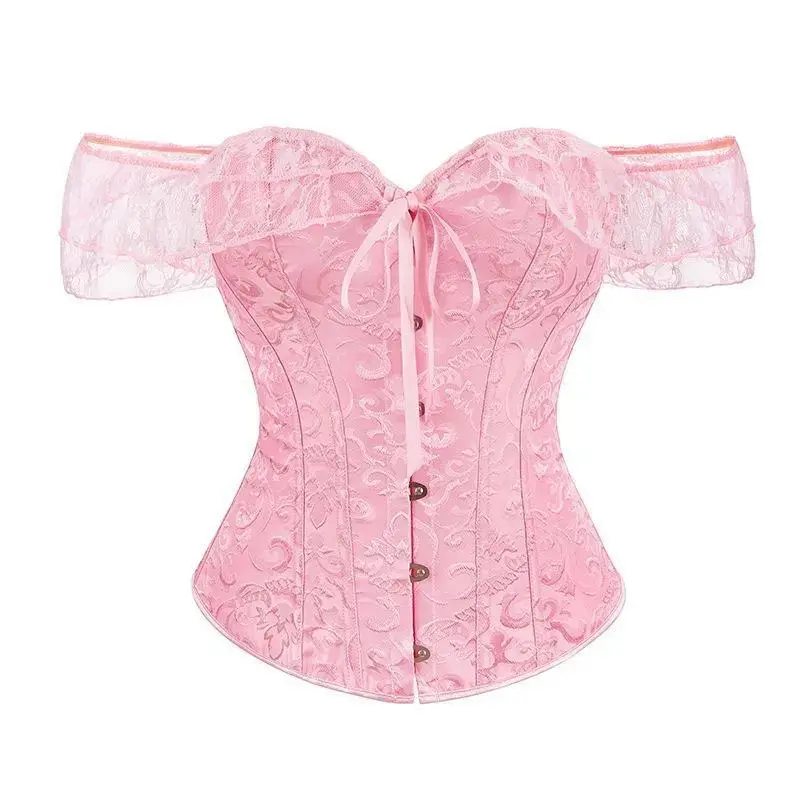Womens Floral Lace Off Shoulder Corset Lingerie Bustier Fishboned Overbust Corset Tie Up Body Shaper Crop Corset Tops