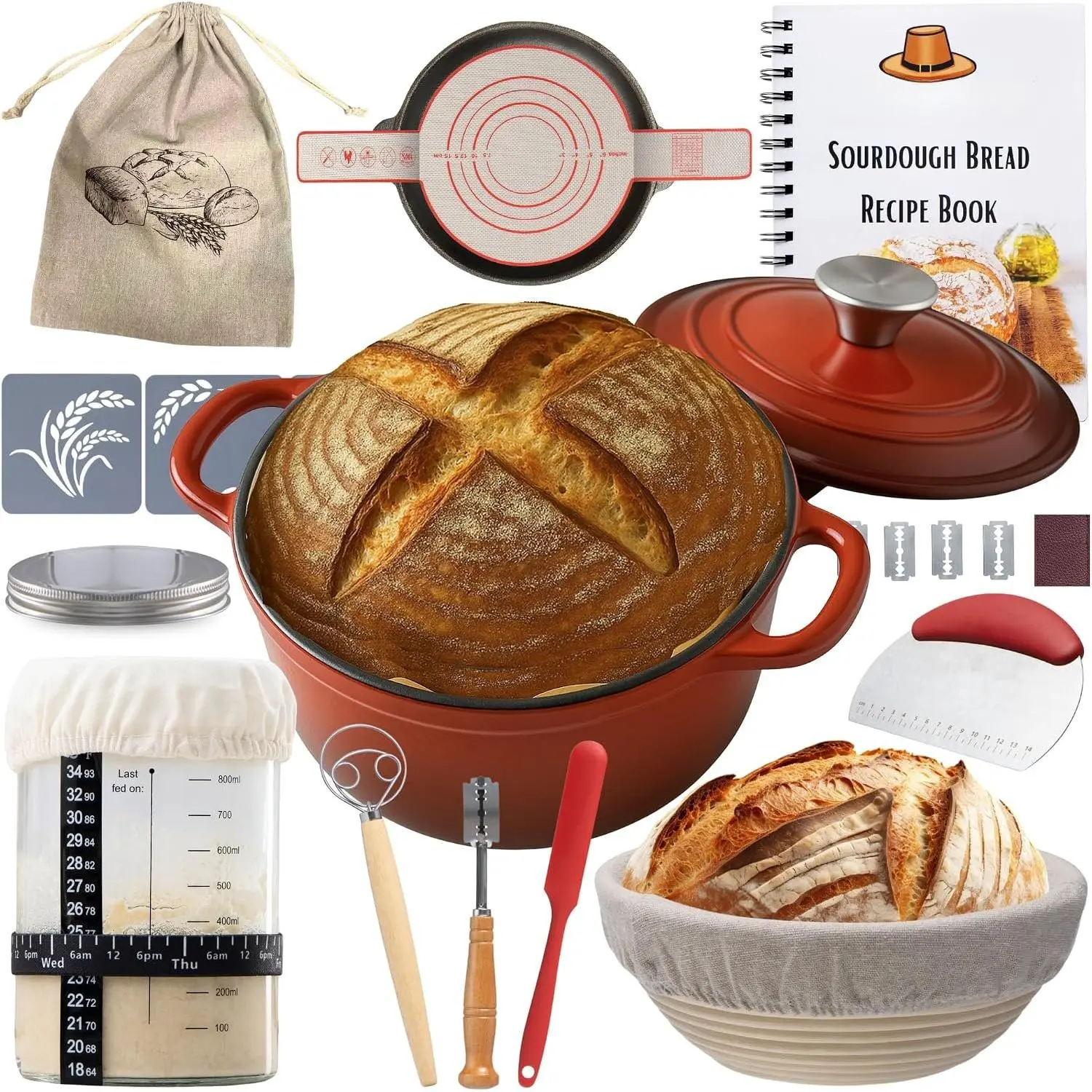 Master Baker Sourdough Starter Kit, -Inclusive Set with Dutch Oven for Bread Baking, Banneton Proofing Basket, Sourdough Starter Jar & Tons of Baking Supplies