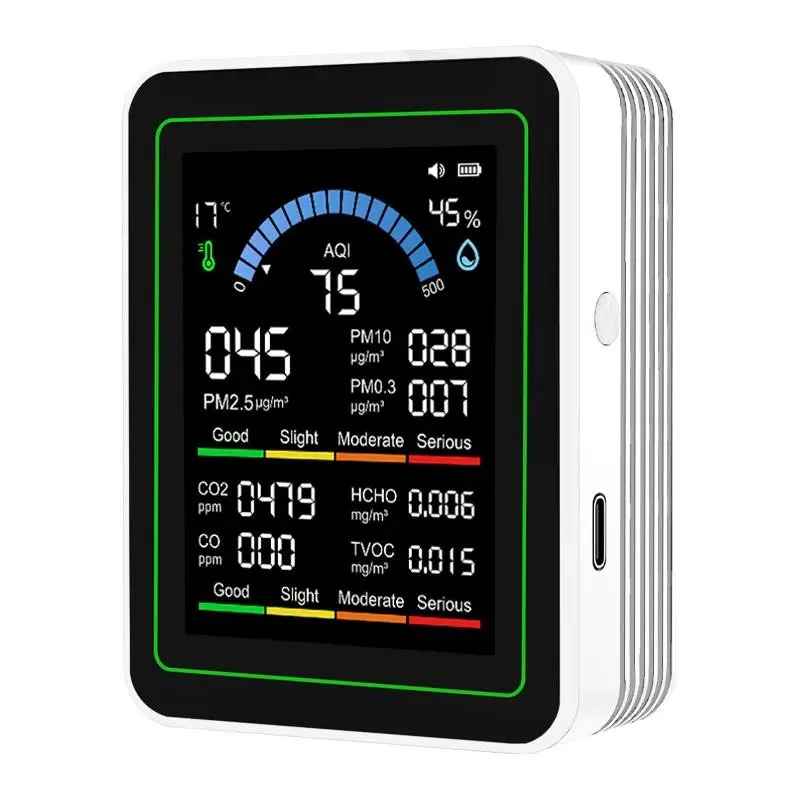 Lezcetom 10-in-1 Portable Indoor Air Quality Monitor | Real-Time AQI Detector with CO2, CO, HCHO, TVOC, PM2.5, PM10, Temperature & Humidity Detection for Home Office Car