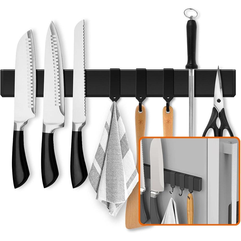 Wall Mounted Magnetic Knife Holder, 1 Count Knife Storage Rack with 3 Hooks without Knife, Knife Block for Kitchen, Kitchen Utensil Organizer
