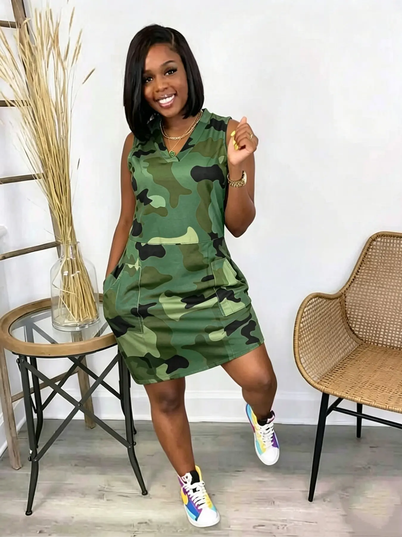 S391576 European Women's Spring Summer New Arrival, Casual Fashion Unique Slim Sleeveless Camouflage Dress, Trendy and Comfortable