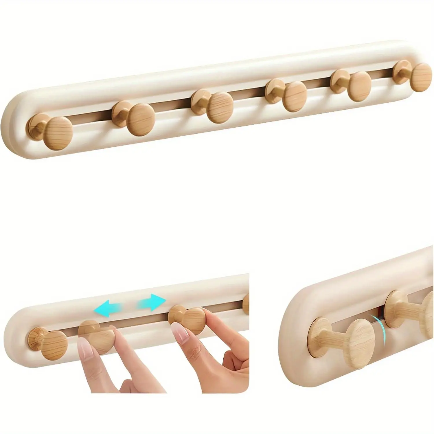 No Drill Sliding Coat Hooks Wall Mount, Removable Adjustable Wooden Hook Rail, Heavy Duty Self Adhesive Towel Hat Bag Hook Rack for Entryway Bathroom Dorm Rental Home