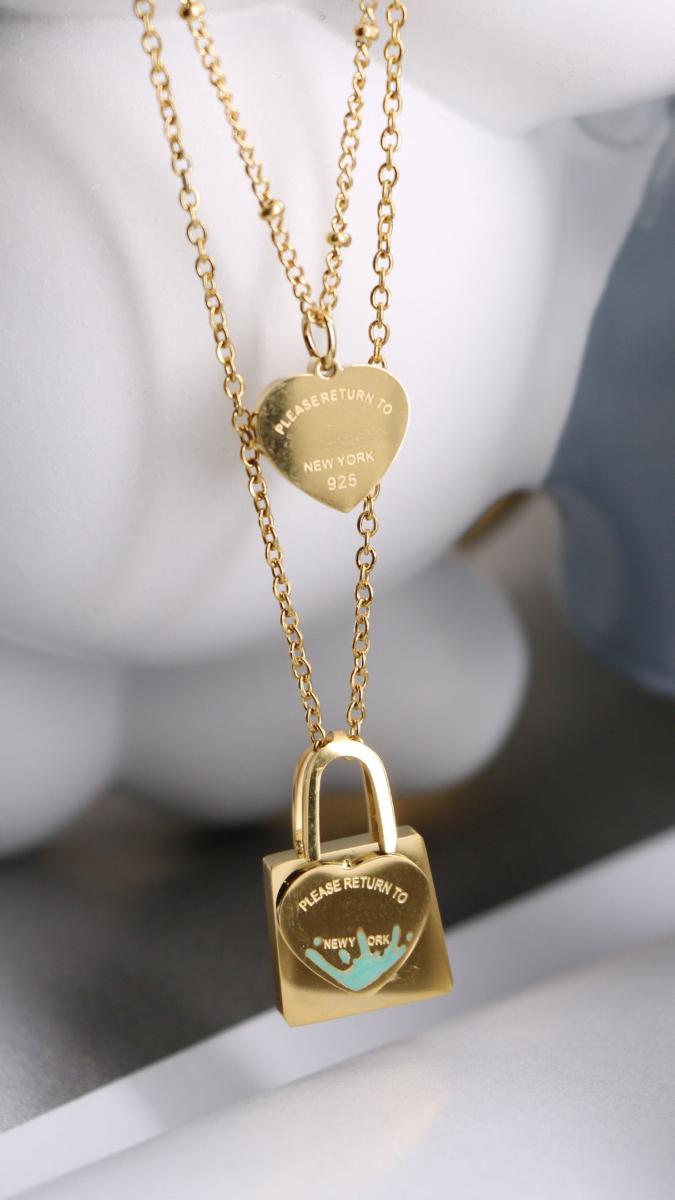 T's  Blue Oil Dripping Lock Heart Double-Layer Necklace Female 18K Gold Sweet Style Clavicle Chain