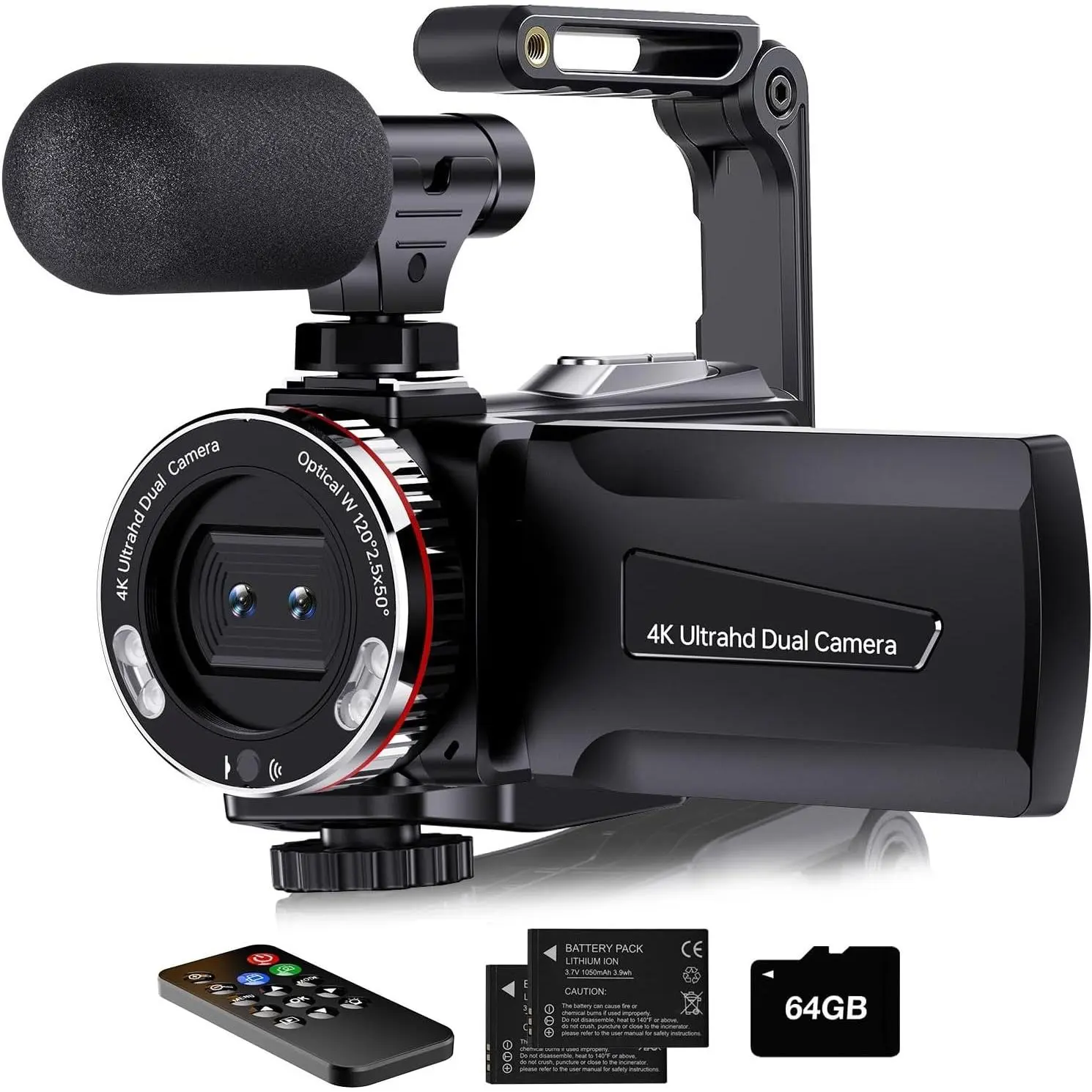 4K Video Camera Camcorder, 64MP UHD Vlogging Camera for YouTube, 21X Digital Zoom, 4K Camcorder for YouTube with External Microphone, Stabilizer, Remote, 2 , Remote, Memory Card