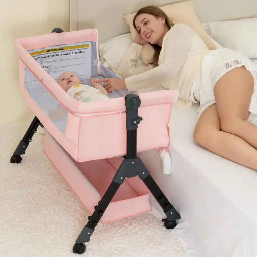3-in-1 Baby Crib and Bedside Bassinet - Portable Infant Bed with 6 Adjustable Heights & Storage Basket - Foldable Co-Sleeper for Newborn