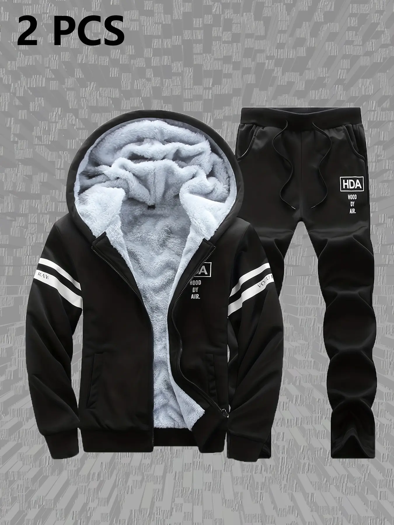 Winter Fleece Lined Thick Hooded Open Front Jacket, Warm Running Fitness Casual Sports Set for Men, Cozy Outdoor Wear