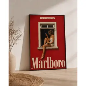 Vintage Marlboro Style Poster Red Wall Art Minimalist Retro Cigarette Ad Print Mid Century Modern Mancave Decor