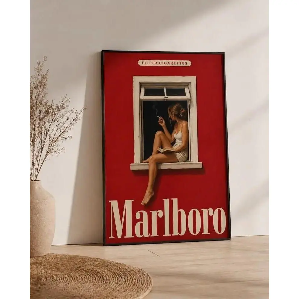 Vintage Marlboro-Style Red Paper Cigarette Ad Poster, Minimalist Mid-Century Home Supplies Wall Art, Mancave Dining Room Display Decor