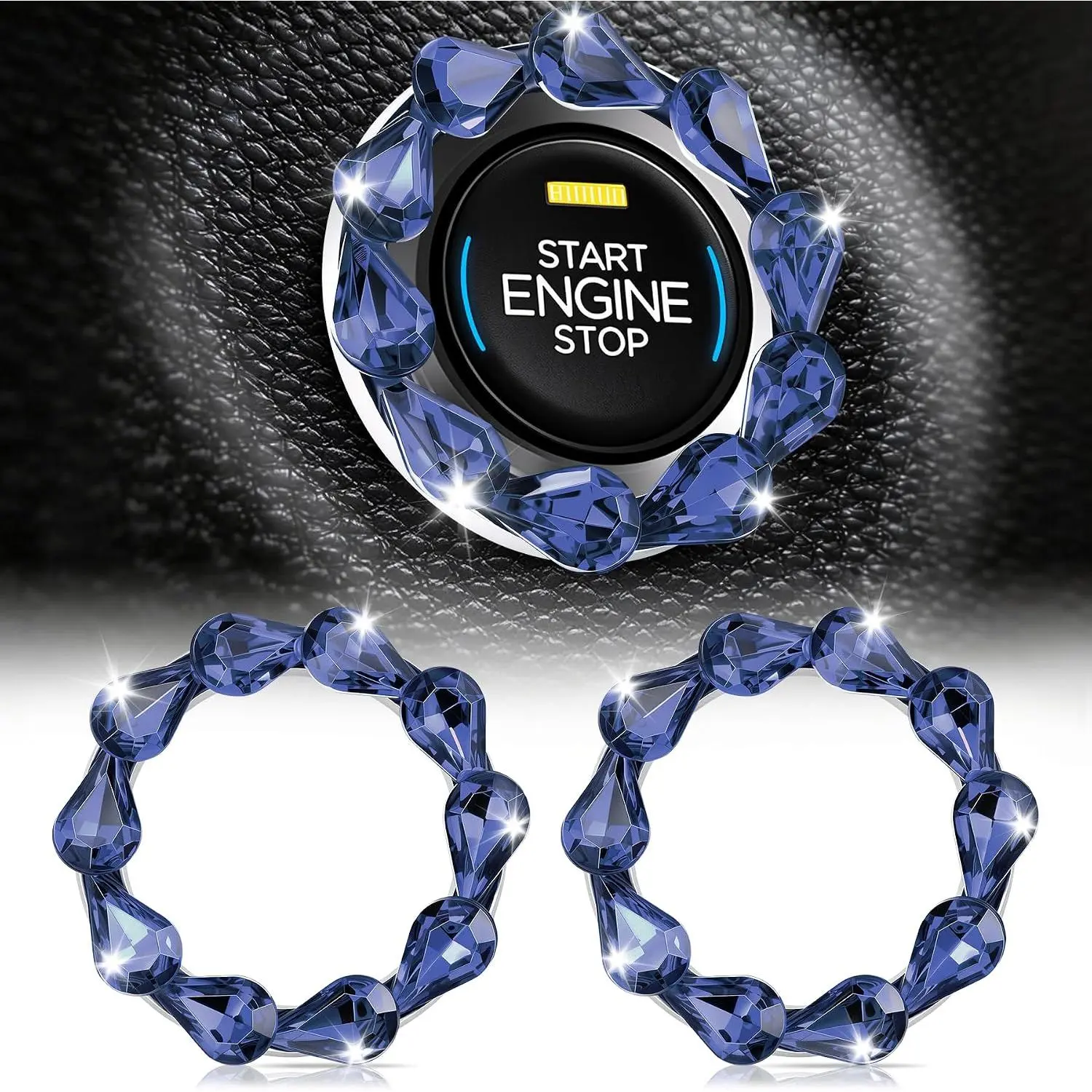 2 count Push to Start Button Cover, Bling Cute  Accessories Interior for Women and Girl,  Bedazzled Rhinestone  Decorations  (Dark Blue )