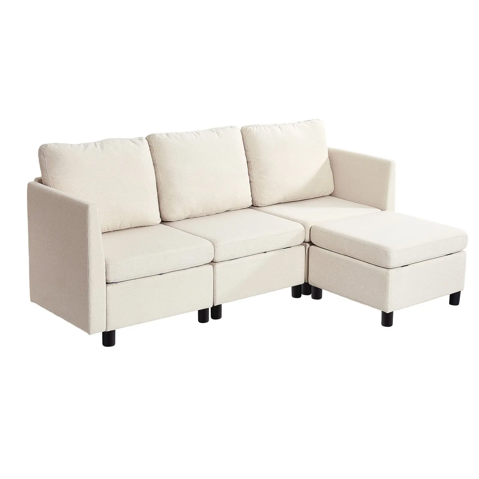 【DealsForYouDays】VEVOR 3-Seat Modular Cotton Linen Sectional Couch, Hidden Storage, Cloud Design with Ottoman, High Rebound Sponge, Solid Wood Frame, Wide Armrests, Upholstered for Living Room, Bedroom, Beige