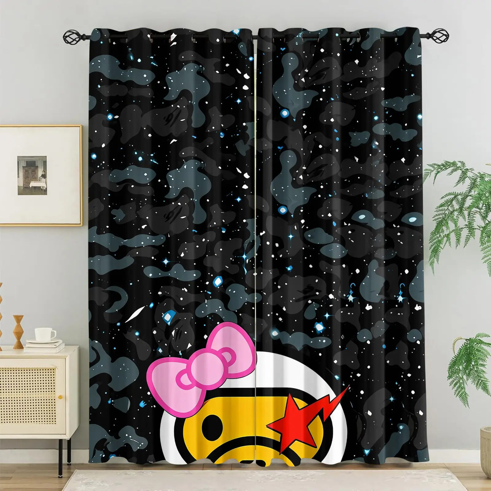 2-Panel Starry Camouflage Butterfly Knot Ape Head Red Star Lightning Print Blackout Curtains, Metal Grommets Easy Car, Privacy Drapes for Youth & Hypebeast Bedroom Living Room Dorm Gaming Room Decor