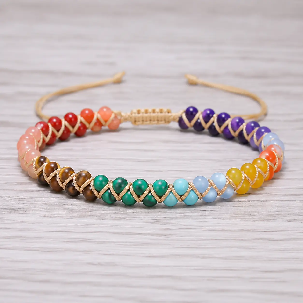 Unisex Mixed Rainbow Natural Stones Tiger Eye Bead Bracelet - 6mm Beads, 16-30 cm Wrist Adjustable Length, Handmade Boho Stacking Costume Jewelry, Easy to Wear for Daily Casual Use