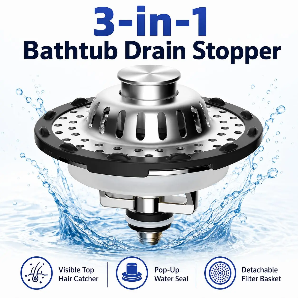 3-in-1 Pop-Up Bathroom Sink Drain Stopper with Visible Hair Catcher, Detachable Stainless Steel Filter Basket, Chrome-Finish Universal Drain Plug for 1.5–2.4-Inch Sink & Bathtub Openings, 1-Pack