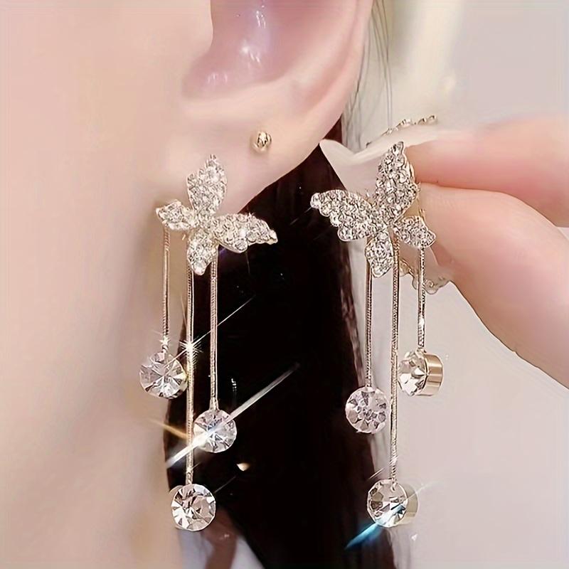 New Fashion Rhinestone Inlaid High-end Butterfly Earrings, Two Pairs of Sweet and Fresh Tassel Style Shiny Women's Earrings
