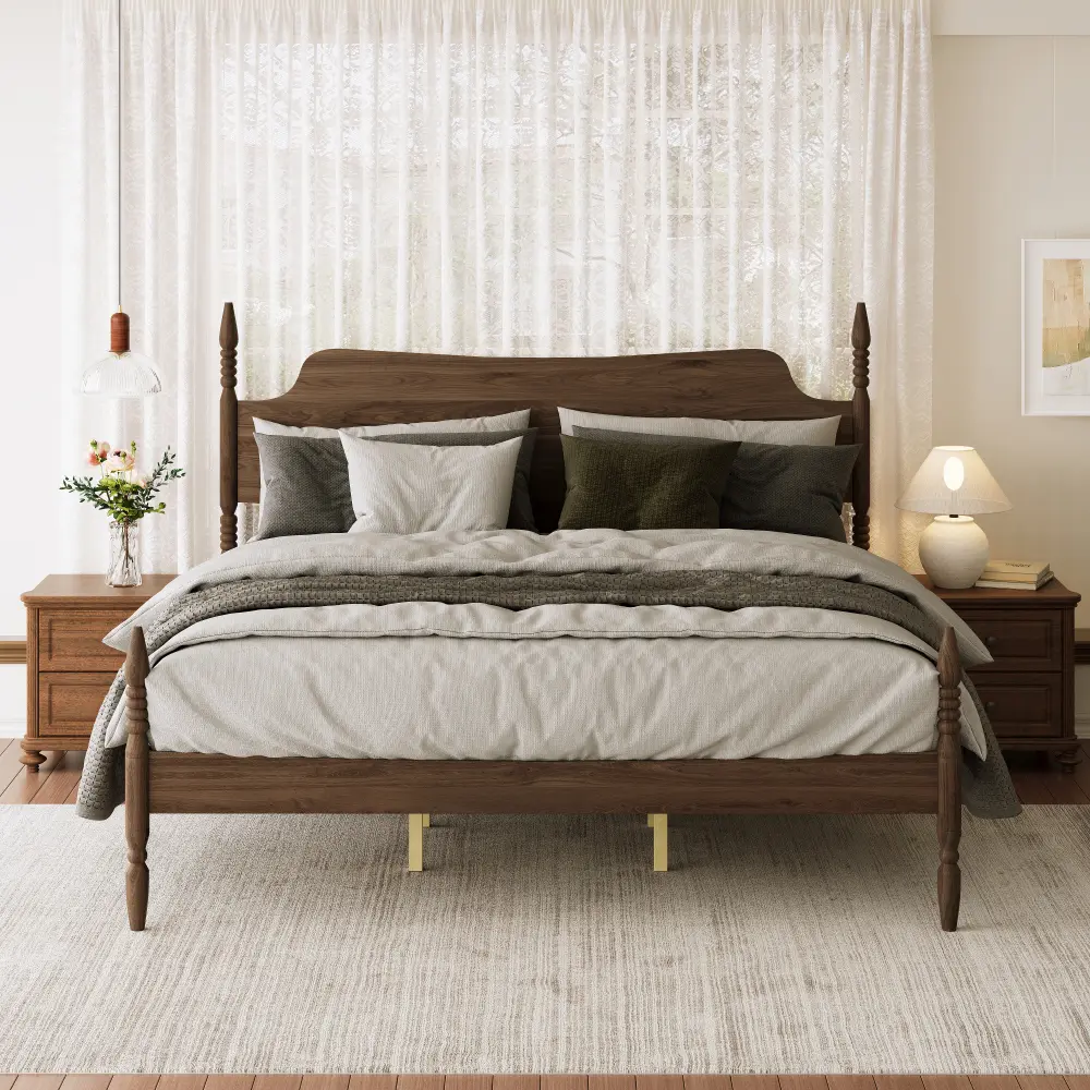 King/Queen Walnut Retro 4-Poster Spindle Platform Bed with Curved Tall Headboard, No Box Spring