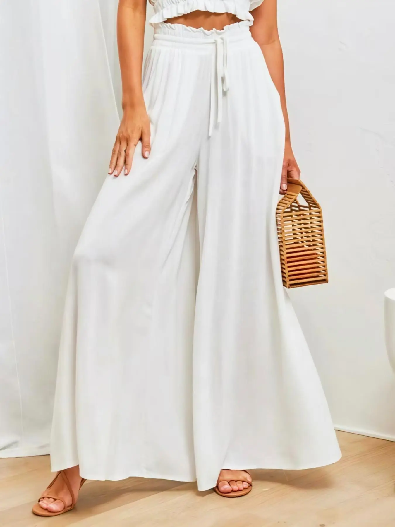 Women's Spring/Summer Casual Solid Adjustable Drawstring Wide-Leg Long Pants, Fashion Comfortable and Stylish Loose-Fit Trousers