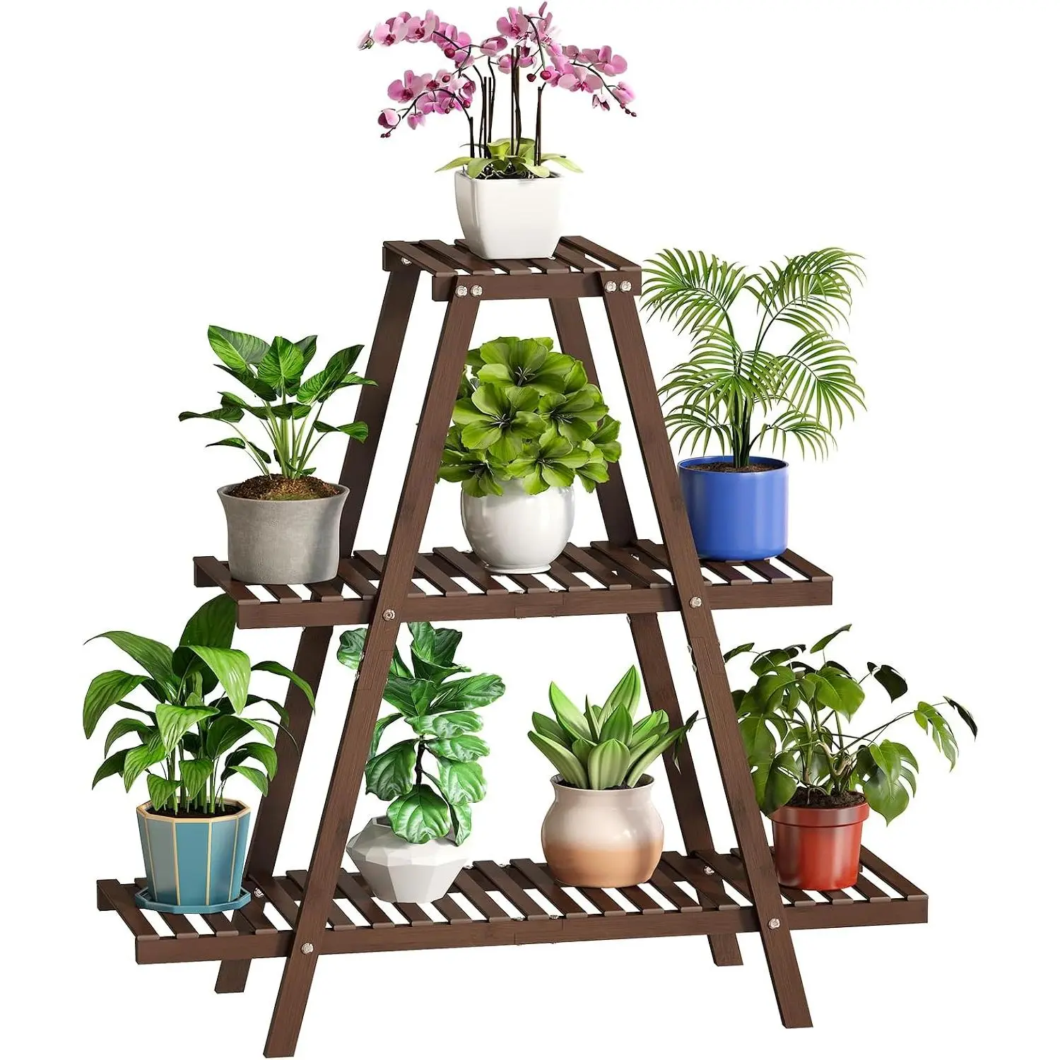 Modern 3-Tier Brown Ladder Shelf Stand with Anti-Slip Mat, 8-Potted Plant Display Holder, Both Indoors/Outdoors for Garden, Balcony, Living Room, Floor Placement