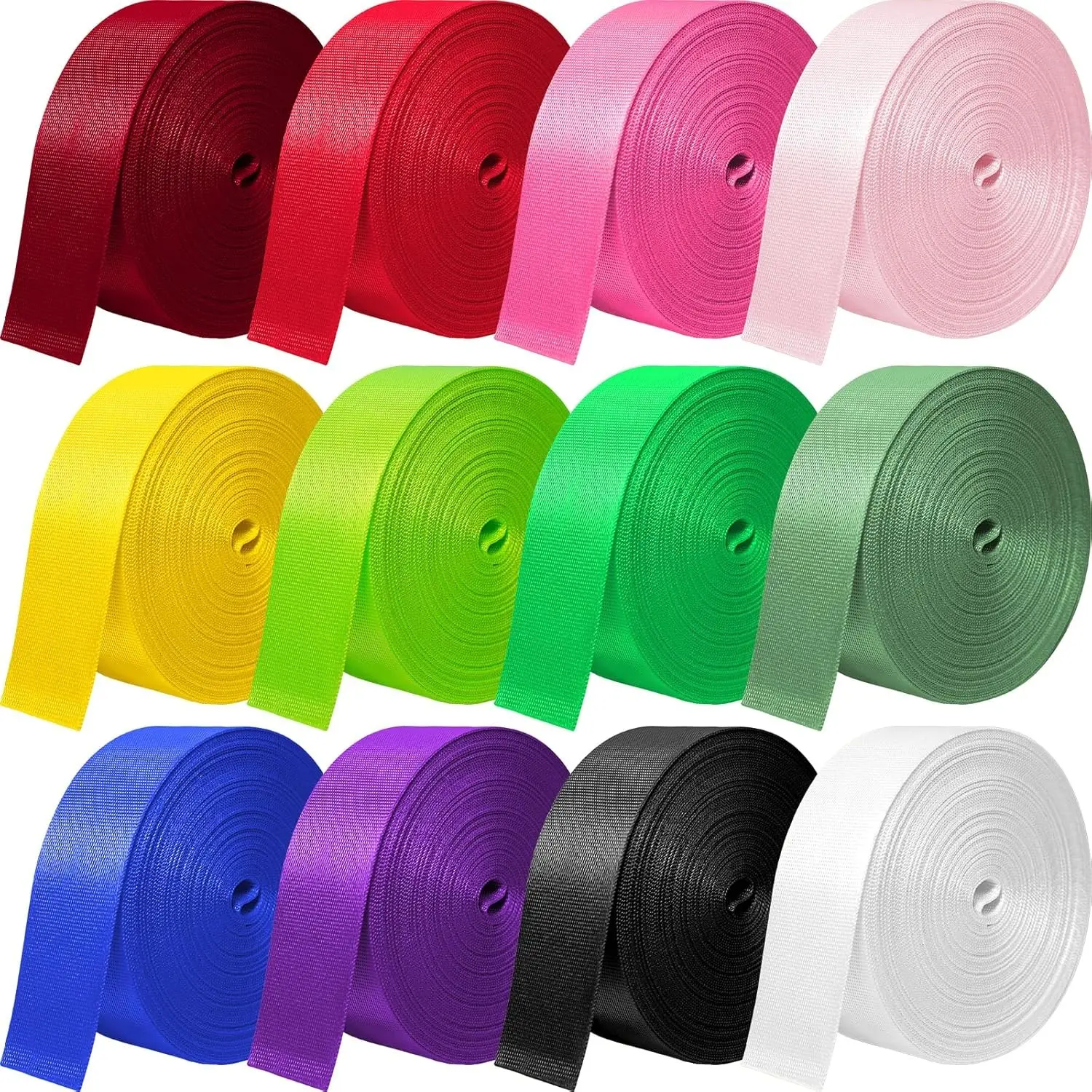 12 Rolls Nylon Webbing Strap, 1 Inch & 1.5 Inch Durable Webbing for Bags, Pets, Climbing, Indoor Outdoor DIY Crafting Projects