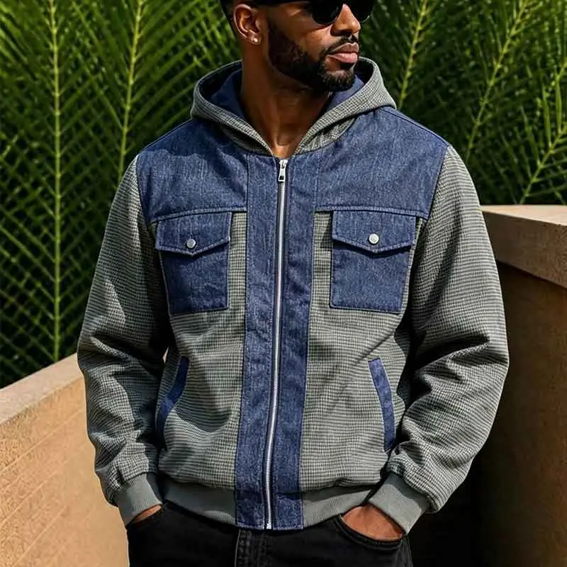 Men's Denim Patchwork Hooded Jacket Waffle Knit Houndstooth Colorblock Full Zip Button Flap Pockets Casual Outerwear Streetwear Male Fashion Clothing Apparel cozy soft cool clean chic active sporty casual premium classic stylish long sleeve menswear top