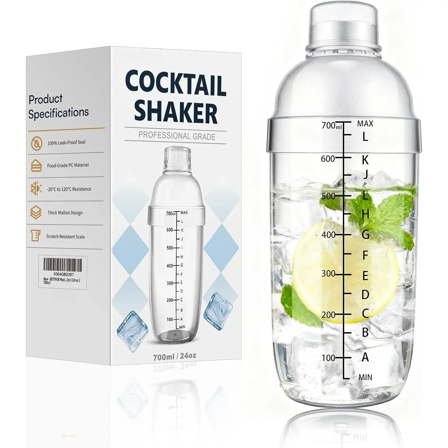 Plastic  Shaker with Measuring Scale 24oz (700ml), Leak-Proof & Shatter-Resistant Drink Mixer for Bartending, Protein Shakes, Iced Coffee & Milk