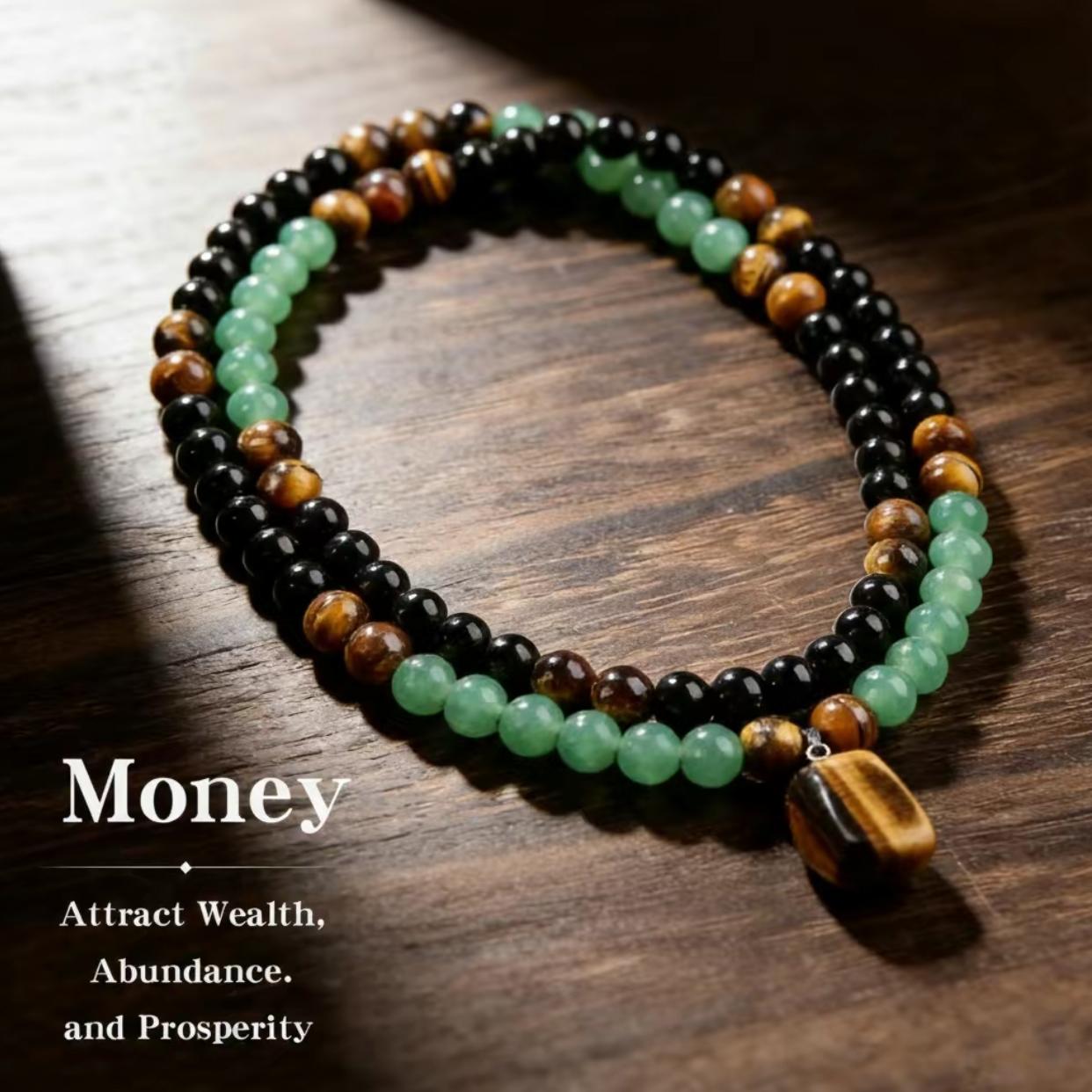 Green Aventurine & Tiger Eye Money Attraction Necklace, Natural Healing Crystal Pendant for Wealth & Prosperity, Long Chain Sweater Necklace, Ideal Gift Jewelry for Men and Women, Jewelry Charms for Anniversary, Vacation &Theme Parties