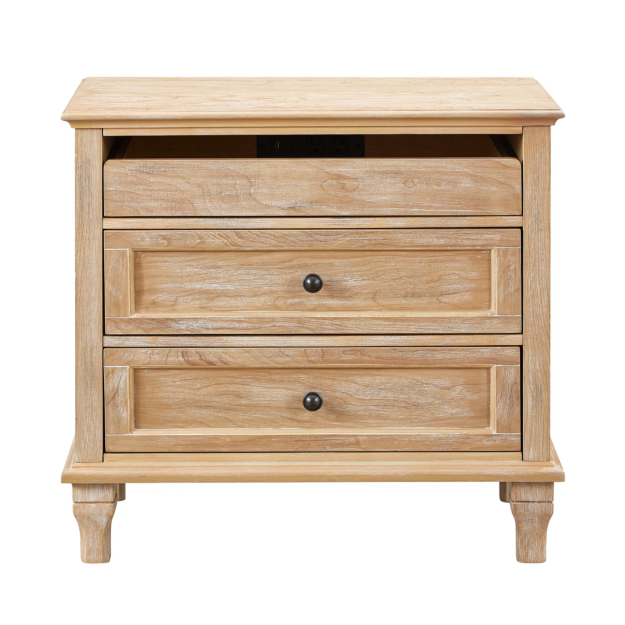 ARCH 28" Wood Nightstand with Charging Station, Farmhouse Bedside Table with 3 Drawers, USB & Type-C Ports, Storage End Table for Bedroom Living Room Office, Natural Solid Wood+MDF, Natural Color Options, Solid Wood+MDF Material, Product Dimensions: