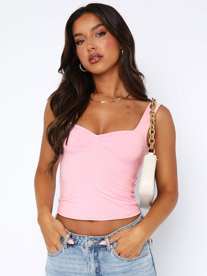 Women's Solid Ruched Backless Crop Tank Top, Casual Sweetheart Neck Sleeveless Top, Back To School Ladies Summer Clothes for Everyday Daily Wear, Womenswear