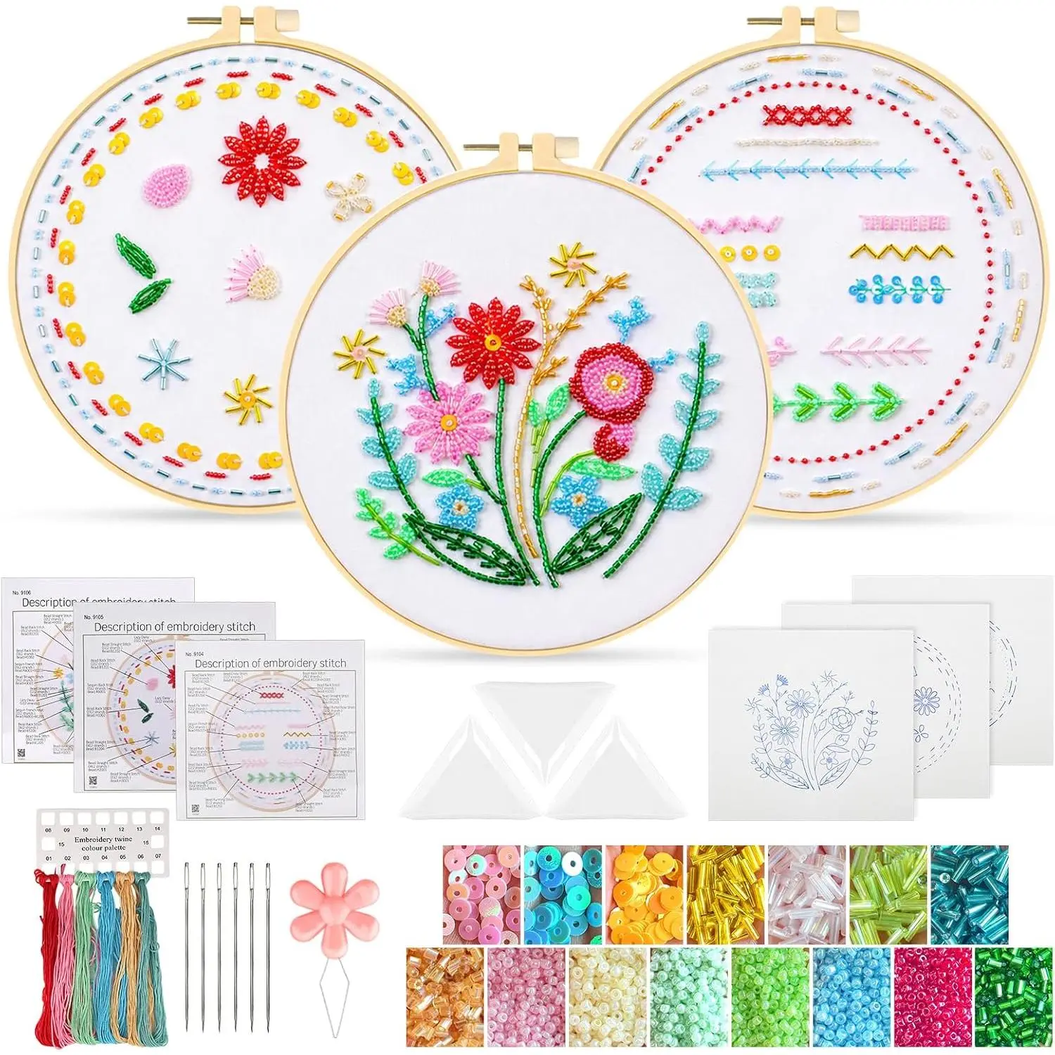 Bead Embroidery Kit for Beginners, Bead DIY   Kit with Floral Patterns & Step by Step Instructions Video, Mother's Day Gifts