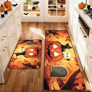 Set of 2 Halloween Skull Cat Pumpkin Kitchen Rug Set, Washable Non-Slip Low Profile Floor Mat, Home Decor for Kitchen Laundry Hallway