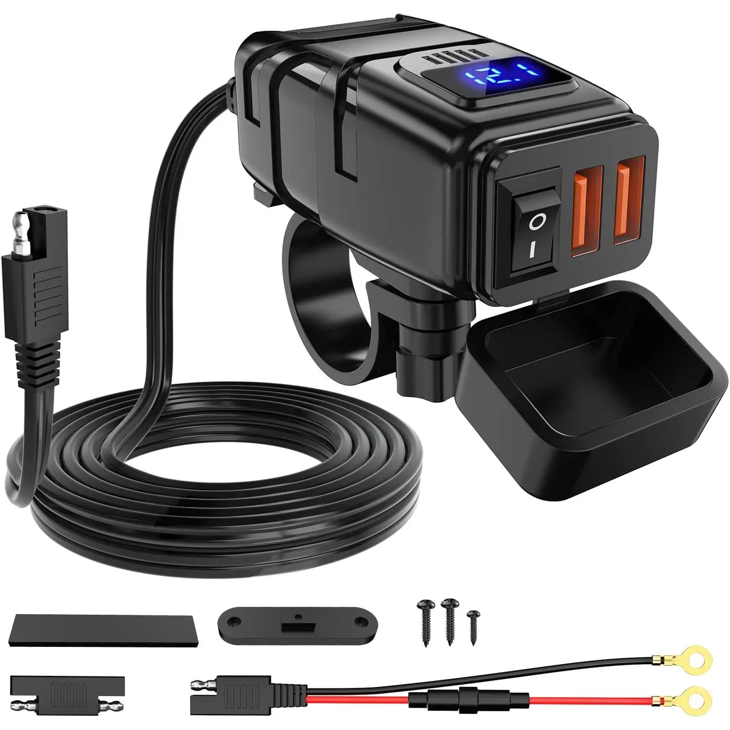 Nilight 12V Vehicle USB Type A Charger - 6.8A Dual QC3.0 Fast Charging Ports, 10A Inline Fuse, SAE Adapter, Independent On-Off Switch, Voltmeter, Waterproof, 7/8in Handlebar Mountable for Cars, Motorcycle, ATV
