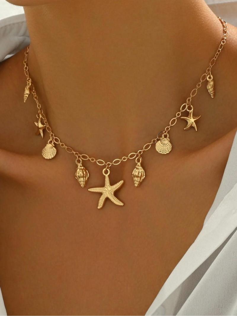 Women's Boho Style Starfish & Shell & Conch Design Layered Necklace, Vintage Trendy Pendant Necklace, Chic Jewelry As Gift for Girlfriend, Daily Wear Necklace, Dainty Necklace