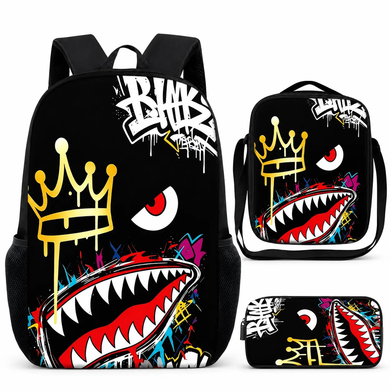 3PCS Kids Graffiti Monster Backpack Set, Black Shark Mouth Crown Graphic School Bag with Matching Lunch Bag and Pencil Case, Lightweight Student Bookbag for Boys Girls, Street Style Daypack with Side Mesh Pocket, Back to School Gift for Elementary Kids
