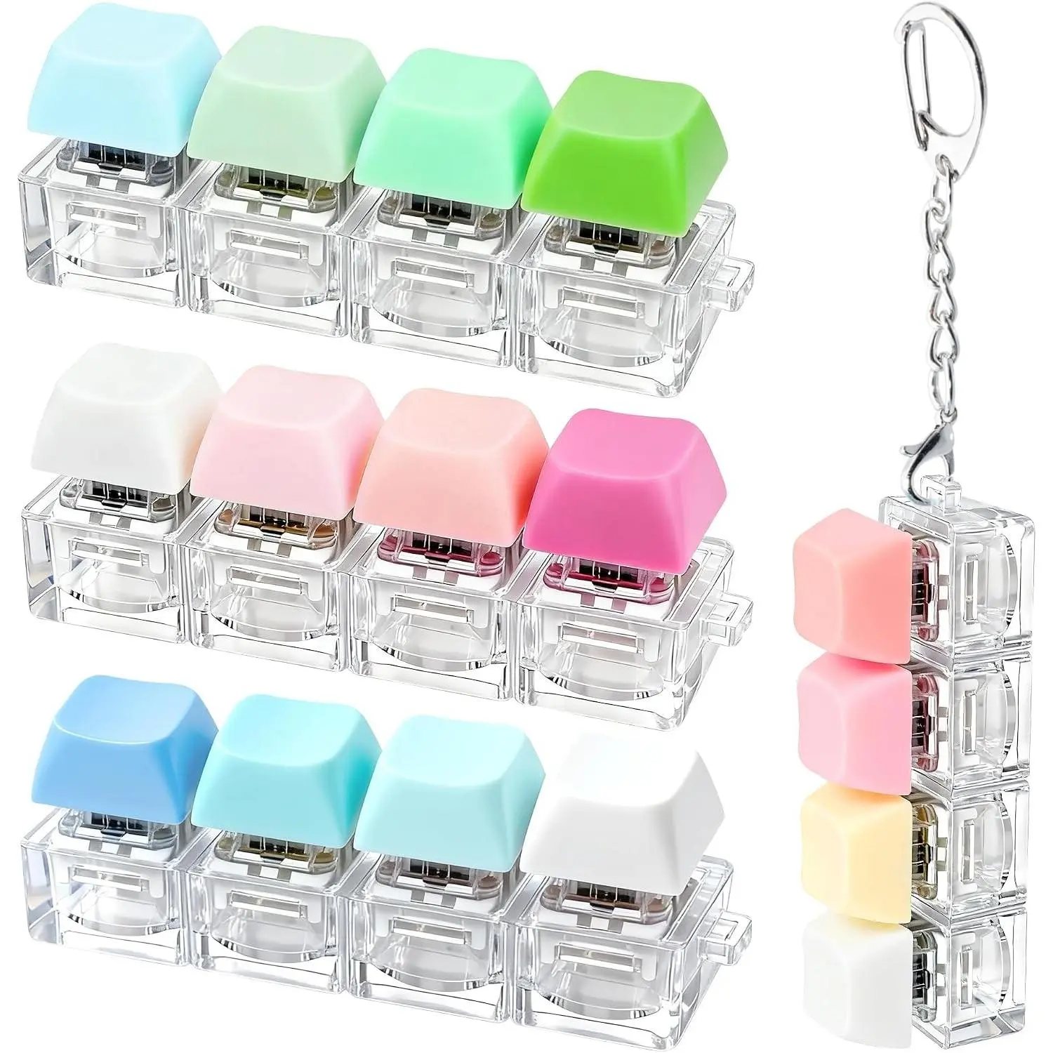 4 PCS Keyboard Fidget Keychain 4-in-1 Decompression Button Finger Clicker Toys, Stress Relief Fidget Gifts (Pink Green Blue Rose)