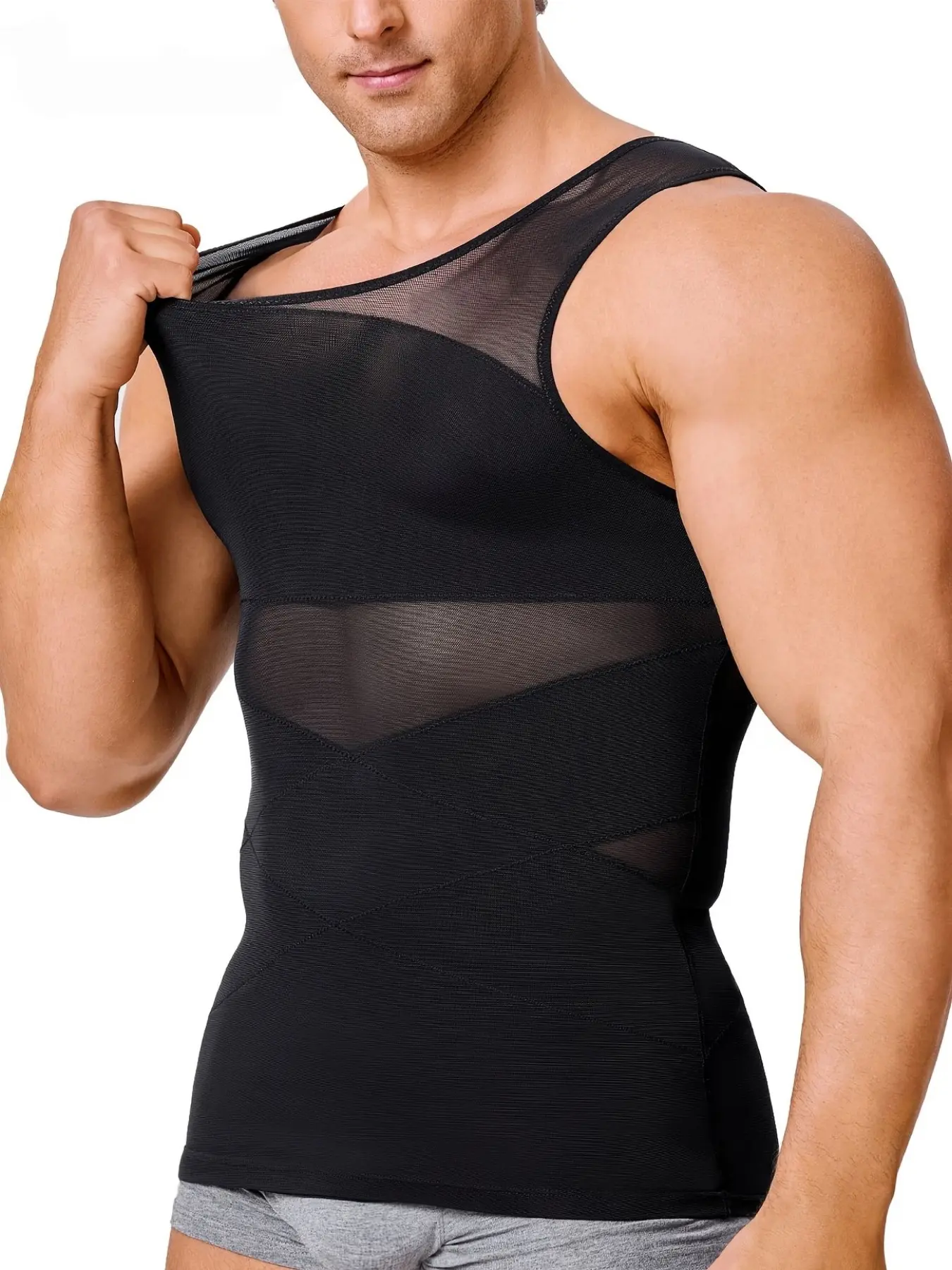 1 Count Men's Mesh Design Sleeveless Shapewear Tank Tops, Sport Workout Shapewear, High Elastic Tummy Control Compression Shaping Vest, Breathable Comfortable Fabric Waist Trainer Body Shaper Top, Suitable For Gym Fitness & Exercise & Running