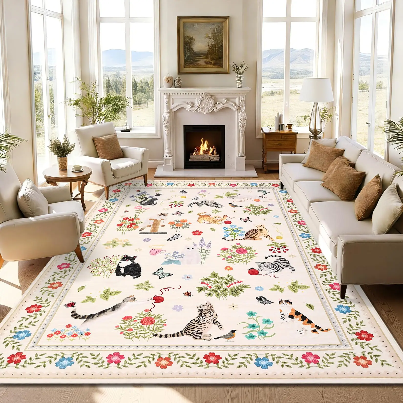 4x6 Area Rug with Cute Cat Print & Floral Border, Washable Non-Slip Rubber Backing, Soft Low Pile Carpet for Living Room & Bedroom, Black