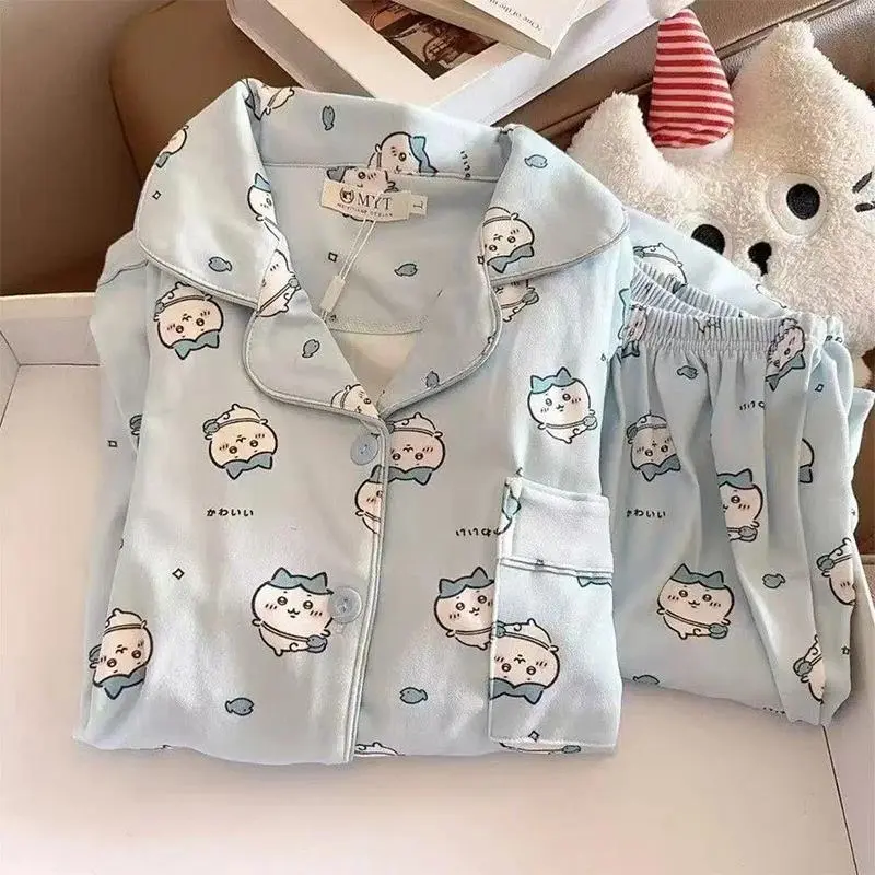 Chiikawa Pajamas Set Usagi Women Autumn Winter Fleece Thickened Warm Kawaii Loungewear Home Sleepwear for Girls Students Gift